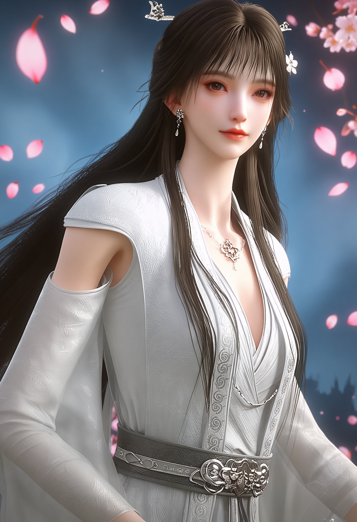 (upper_body:1.2),(looking at viewer:1.1),masterpiece,(best quality),smog,Dark room,dim lighting,peach blossom,falling petals,<lora:YQ_Illustrious光辉v5_雨馨_V1:0.9>,q1528437228,1girl,solo,long hair,earrings,jewelry,brown hair,hair ornament,dress,white dress,black hair,necklace,brown eyes,detached sleeves,chinese clothes,lips,long sleeves,hair bun,hair flower,wide sleeves,sash,boots,