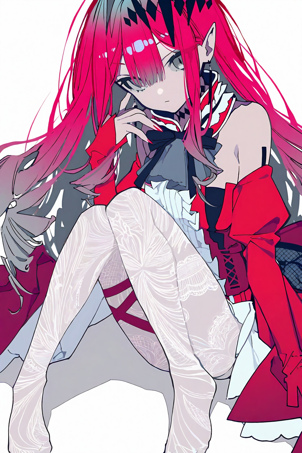 1girl,baobhan sith \(fate\),baobhan sith \(first ascension\) \(fate\),solo,red dress,earrings,long hair,grey eyes,detached sleeves,pointy ears,dress,frills,jewelry,red nails,pantyhose,sitting,black bow,looking at viewer,bare shoulders,bow,pink hair,red hair,nail polish,white pantyhose,center frills,black bowtie,sidelocks,simple background,bowtie,detached collar,no shoes,breasts,<lora:Mochi_style-000070:0.9>,