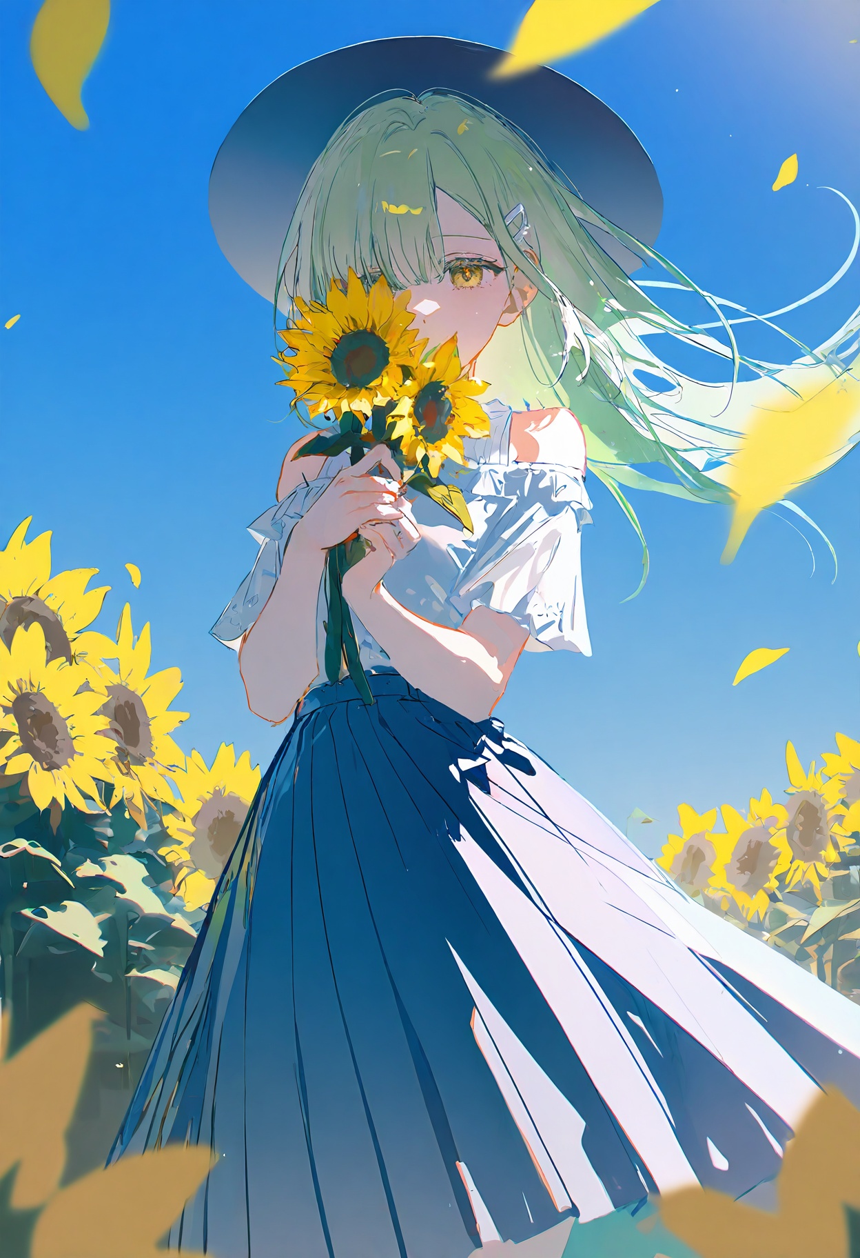 [[rella]],masterpiece,best quality,amazing quality,wakaba mutsumi,1girl,solo,green hair,long hair,yellow eyes,bangs,hair ornament,hair clip,looking at viewer,holding,holding flowers,sunflower,bouquet,yellow flower,face behind flowers,white dress,short sleeves,off-shoulder,blue skirt,pleated skirt,long skirt,sun hat,blue hat,wide brimmed hat,blue sky,sky,outdoors,petals,flying petals,yellow petals,sunlight,shadow,cowboy shot,from below,close-up,<lora:painting_style_v2-000180:0.8>,Painting_STYLE,