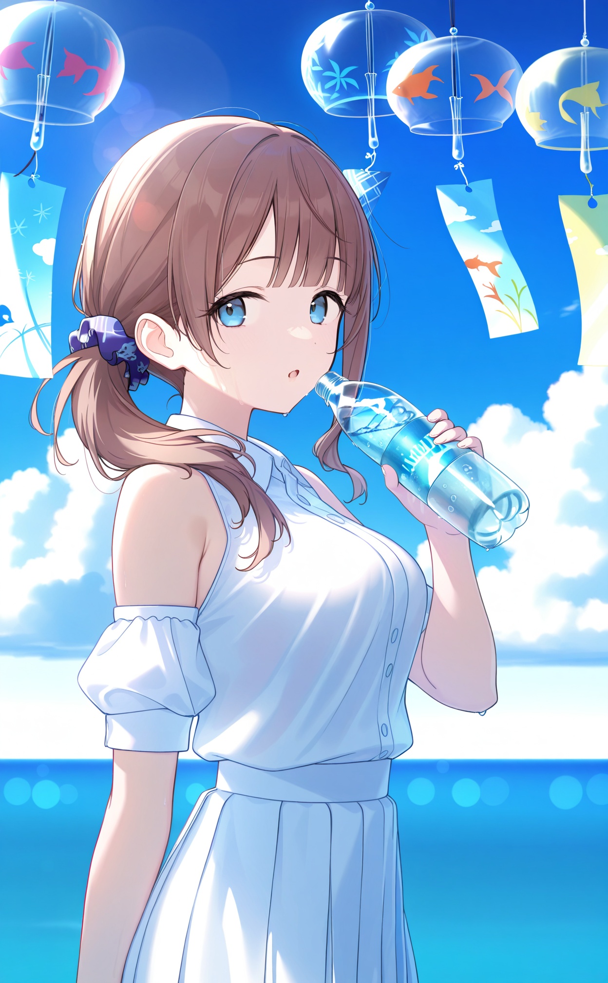 masterpiece,very aware,(highres),absurdres,newest,best quality,high quality,chromatic_aberration,White Theme,lightblue Theme,//,1girl,bottle,holding,holding bottle,solo,wind chime,looking at viewer,water bottle,sky,blue eyes,hair scrunchie,blue sky,cloud,side ponytail,scrunchie,day,brown hair,outdoors,shirt,breasts,dot nose,short sleeves,white skirt,white shirt,sidelocks,hair ornament,from side,ramune,ocean,arm at side,parted lips,skirt,looking to the side,horizon,fish print,detached sleeves,collared shirt,hair over shoulder,sleeveless,cloudy sky,blunt bangs,hand up,water,long hair,light blush,animal print,puffy sleeves,purple scrunchie,bare shoulders,blue scrunchie,medium breasts,sleeveless shirt,open mouth,blurry,armpit crease,upper body,puffy short sleeves,summer,white dress,pleated skirt,sideways glance,eyelashes,:o,standing,cowboy shot,glass bottle,//,absurdres,newest,very aesthetic,amazing quality,highres,sensitive,ultra detailed,best anatomy,HDR,8K,high detail RAW color art,high contrast,illustration,depth of field,(colorful),phenomenal aesthetic,detailed light,blurred picture,Tyndall effect,contrast,lens flare,cinematic lighting,//,<lora:timmoo——【noob】hans:1>,