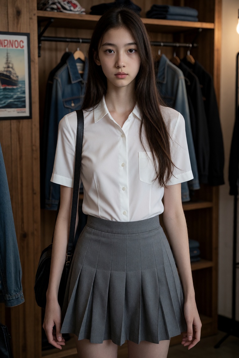 The image is a high-resolution photograph of an East Asian woman standing indoors,  likely in a store or boutique. She has...