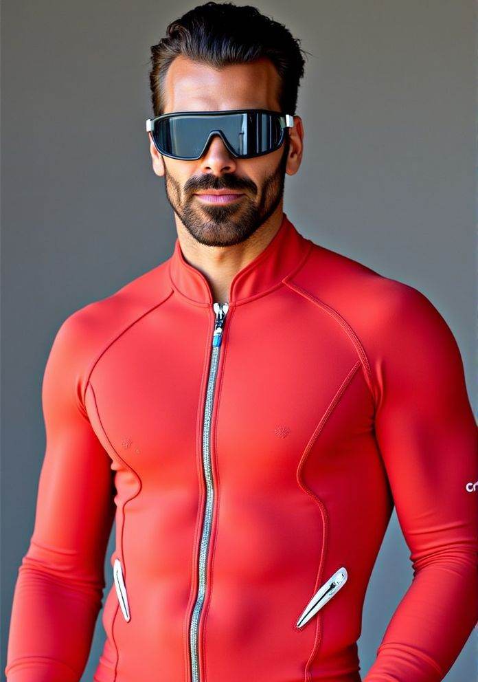 Nyle Dimarco ,  Hi-res photo. He wears futuristic electronic glasses. He is wearing a light red,  close fitting flight sui...