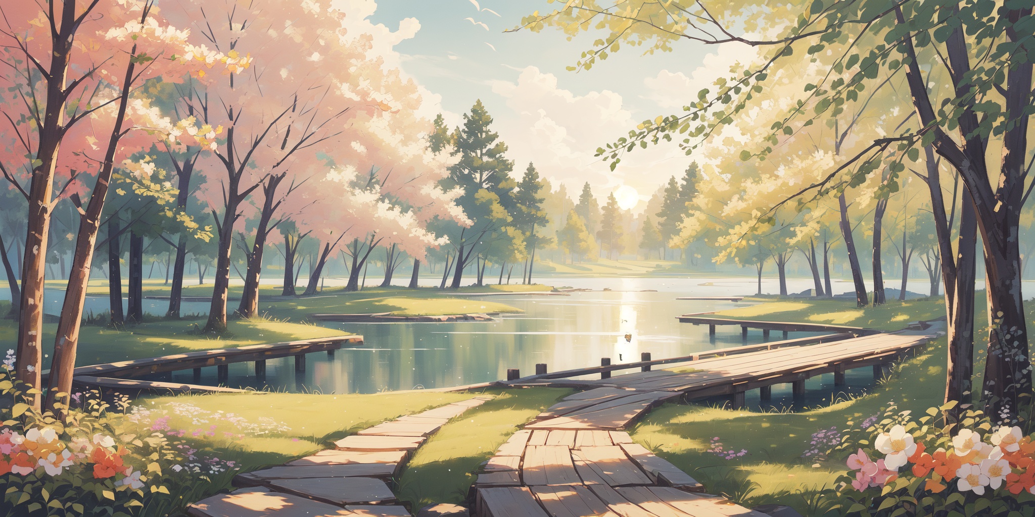 scenery,outdoors,light particles,beautiful detailed sky,beautiful detailed glow,best shadow,panorama,(Bamboo, Forest, Mist, Morning, Silence, Green, Tranquility, Pathway:1.3),(Lake, Dock, Sunrise, Photography, Reflections, Tranquility:1.2),(Cherry blossoms, Avenue of trees, Blossom petals, Springtime stroll, Hanami season, Japanese tradition:1.1),(masterpiece, best quality, beautiful and aesthetic:1.3),extremely detailed CG,ultra-detailed,beautiful concept illustration,illustration,extremely fine and beautiful,perfect details,<lora:YOUHUA-000018:1>,oil painting \(medium\),