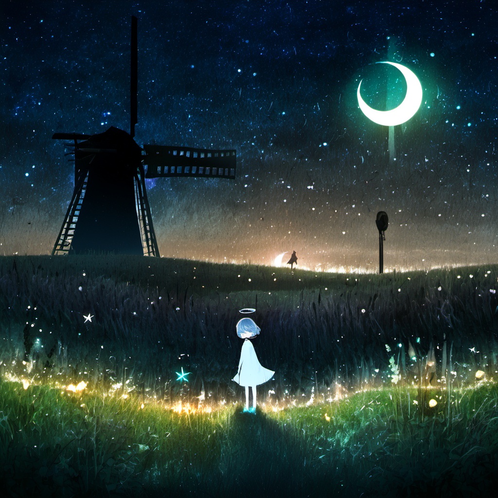 <lora:star_xl_v2:1>,a person standing in a field of grass under a dark sky with a moon in the background and a windmill in the distance, 1girl, solo, short hair, flower, outdoors, sky, night, halo, moon, grass, star \(sky\), night sky, scenery, starry sky, dark, from behind, tree, glowing, angel, crescent moon, The image portrays a mesmerizing nighttime landscape. Dominating the scene is a vast, starry sky filled with countless stars and a radiant celestial body, possibly a moon or planet, casting a glow. The ground is covered in a luminescent, glowing grass that seems to be swaying in the wind. To the right, there's an old windmill, its sails and blades silhouetted against the cosmic backdrop. In the foreground, a lone figure, possibly a child, stands amidst the grass, gazing up at the celestial display. The overall ambiance of the image is ethereal and dreamlike, evoking feelings of wonder and contemplation., mesmerizing nighttime landscape, vast starry sky, radiant celestial body, luminescent grass, old windmill, sails, blades, child, ethereal dreamlike ambiance