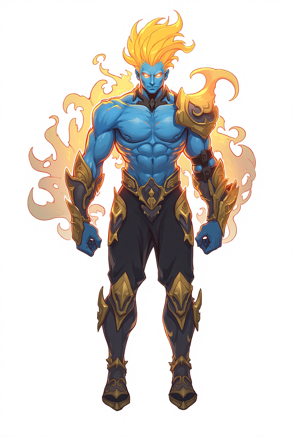 HEZI,Elemental Spirit,Character Design,full body,white background,game character,1boy,fiery hair,solo,blue skin,male focus,armor,colored skin,glowing,fire,white background,glowing eyes,full body,standing,simple background,no pupils,