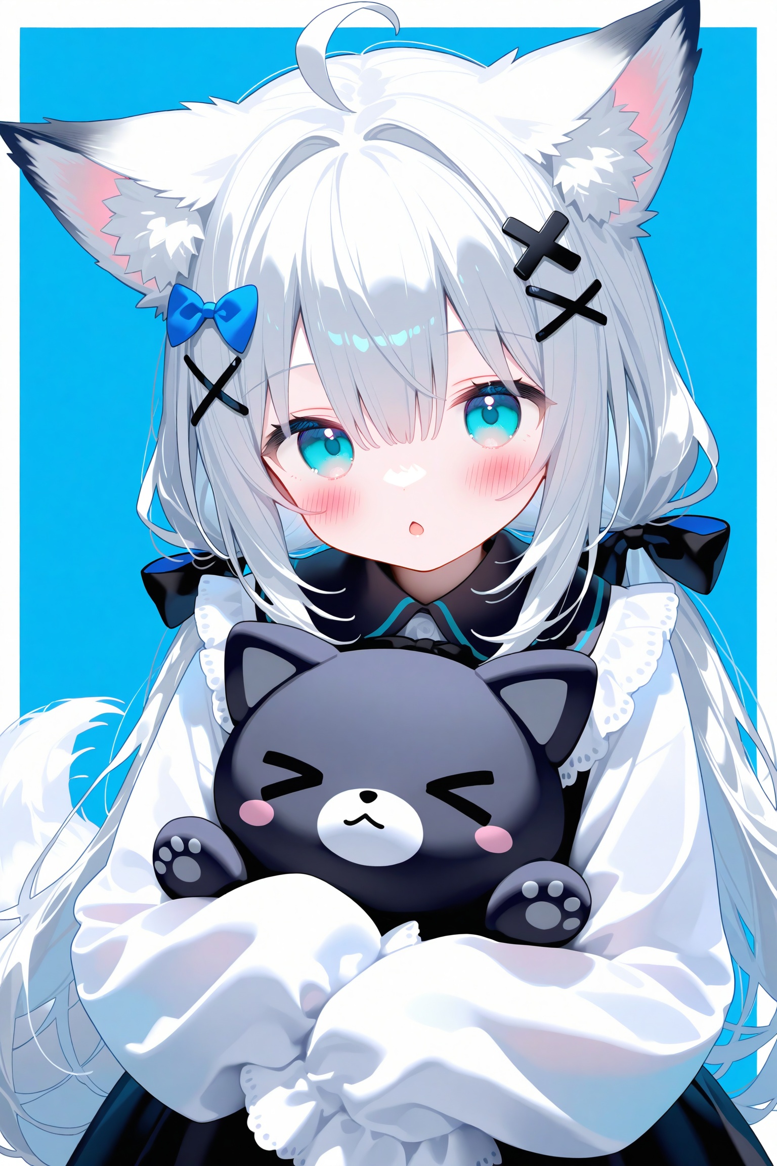 masterpiece,very aware,highres,absurdres,newest,best quality, 1girl, animal ears, hair ornament, blue eyes, long hair, white hair, tail, sleeves past fingers, sleeves past wrists, ahoge, looking at viewer, bow, blush, x hair ornament, low twintails, twintails, animal ear fluff, solo, long sleeves, hair bow, fox ears, :o, black bow, shirt, upper body, fox girl, blue background, hugging object, white shirt, fox tail, open mouth, parted lips, chestnut mouth, hair between eyes, blue bow, >_<, dress, two-tone background, grey hair, white border, very long hair, open clothes, border, simple background, white background, sidelocks, hair intakes, frilled sleeves, hairclip, aqua eyes, dot nose, frills, stuffed toy, virtual youtuber,
