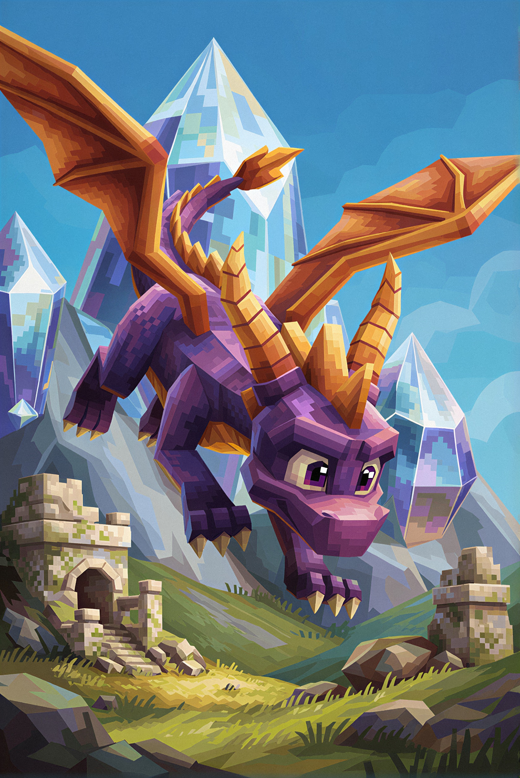 a digital low poly pixel art,  Spyro the Dragon soars above crystalline peaks and rolling green valleys beneath a brillian...