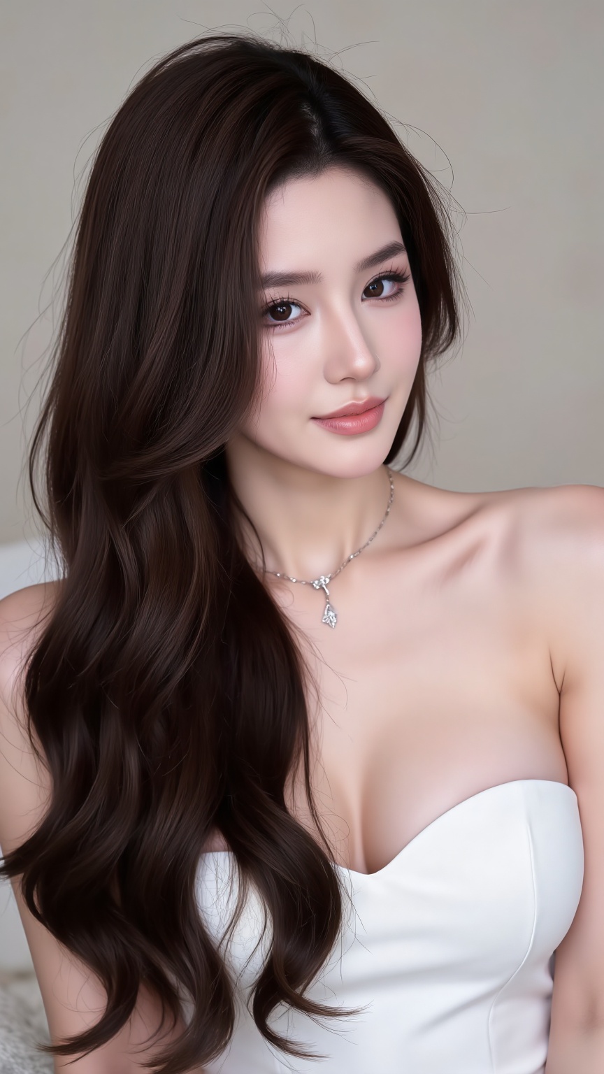 she has long, wavy, the lighting is soft, straight,in the background, her skin is fair and smooth, she is wearing a white, dark brown hair that cascades over her right shoulder, black, her makeup is subtle