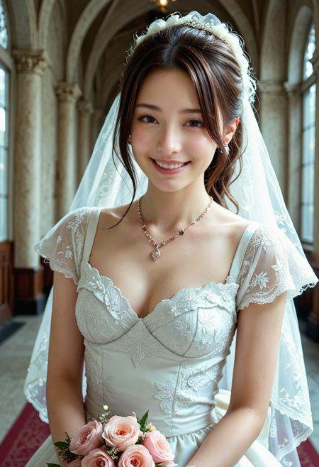 general, JPN, Tokyo morning, dark clarity, depth of field,three-dimensional gritter lighting, shading,refraction, hdr, sharply, photoreal, photography, photographic, everyday live, tyndall effect, bloomBREAKthe photo of a Japanese beautiful woman, fluffy wedding dress with frill, chapel, happy, natural smile, gloss rouge, necklace, ear pierce,