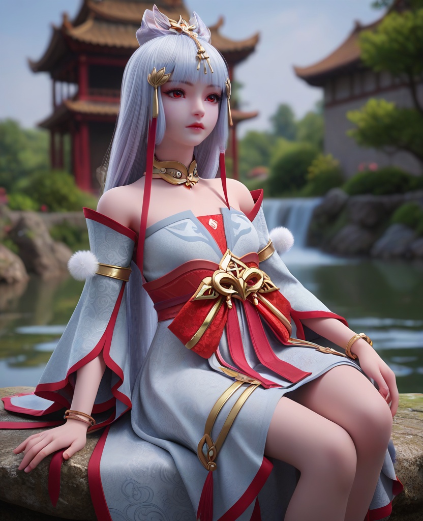 (oriental architecture, elegant decor, sophisticated style:1.1),Sitting on a rock by a river, dipping fingers in the water, enjoying the tranquility,,(breasts:1.2),<lora:XL完美世界太阴玉兔:0.8>,miss taiyinyutu,petite girl,solo,white strapless dress,detached sleeves,red eyes,white hair,long hair,blunt bangs,hair bow,hair ribbon,lips,bow sash of red,jewelry,bangle,choker,pom pom \(ornament\),chiffon  petticoat,clothing patterns,eyelashes,, zPDXL2, score_9, score_8_up, score_7_up BREAK realistic, masterpiece,best quality, highly detailed,, zPDXL3, zPDXL2,zPDXL, zPDXLxxx, zPDXLrl,