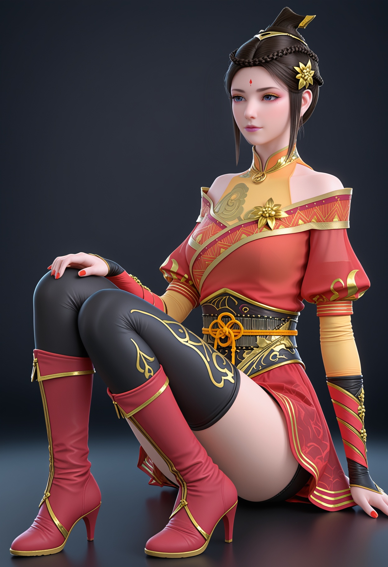 (full body:1.1),52.<lora:YQponyhujiaV4:0.8>,1girl,solo,black hair,dress,bare shoulders,hair ornament,facial mark,forehead mark,chinese clothes,thighhighs,black thighhighs,red dress,brown hair,jewelry,zettai ryouiki,puffy sleeves,braid,hair bun,short hair,boots,mole,blue eyes,brown eyes,high heels,sash,realistic,long sleeves,knee boots,red nails,short sleeves,shorts,,(huge breasts:0.8),(looking_at_viewer:1.1),(mature female:1.3),BREAK intricate details,shiny_skin,solo focus,perfect_anatomy,(score_9:1.3),(simple background:-1),(blurry:-1.2),(masterpiece:1.3),(best quality:1.3),(simple background,pure black background,black background:1.1),