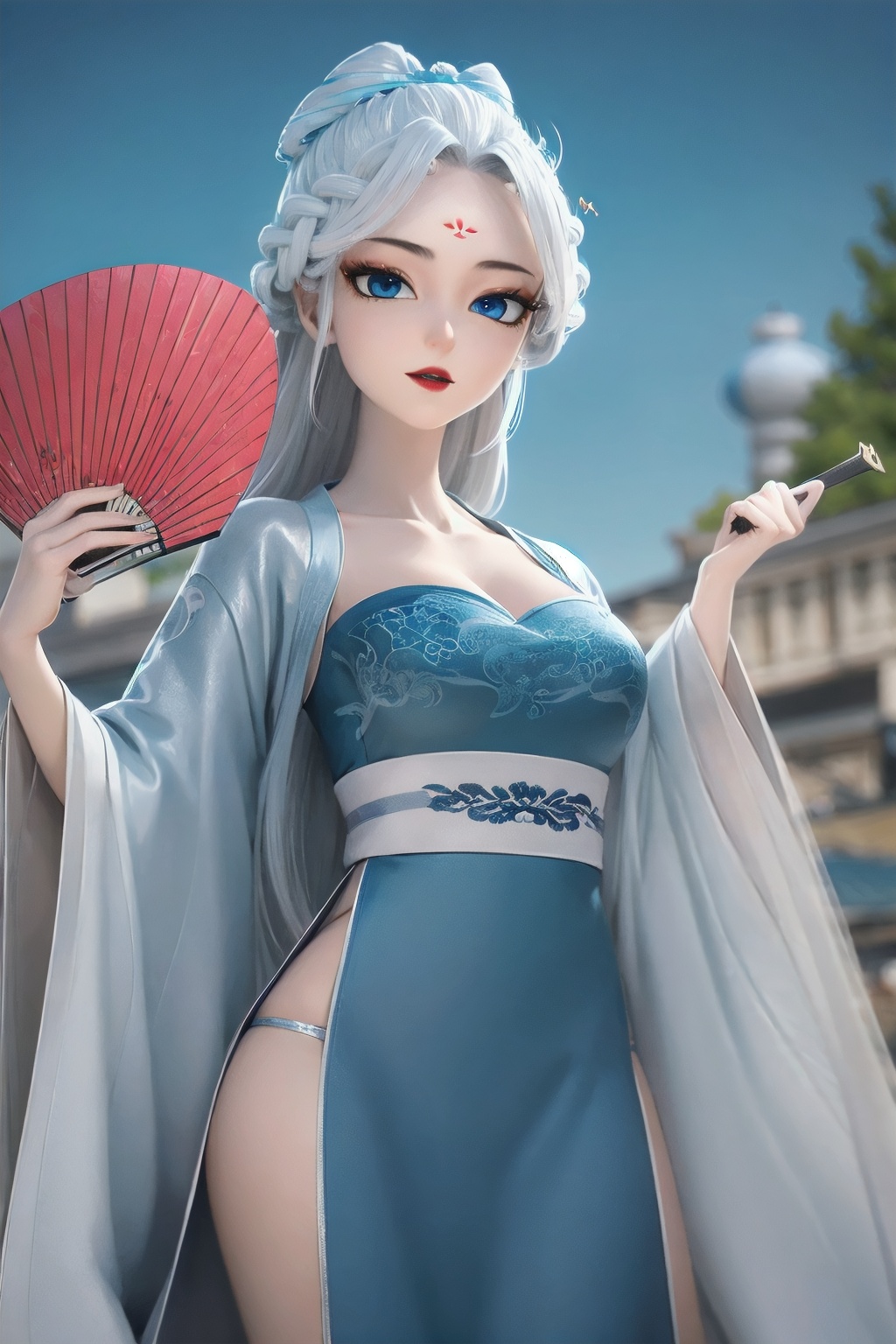 HDR,UHD,best quality,Highly detailed,masterpiece,Professional,<lora:longnvchenchen_20240111153834-000001:1>,1girl,solo,hanfu,forehead mark,white hair,long hair,hand fan,facial mark,chinese clothes,hair ornament,looking at viewer,blue eyes,holding,long sleeves,dress,outdoors,day,red lips,sky,breasts,wide sleeves,blue sky,sash,braid,