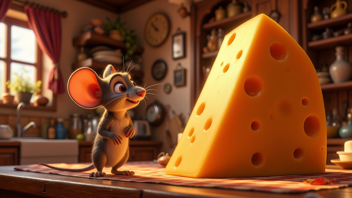 A tiny mouse with a determined expression is standing on a kitchen counter,  staring up at a giant piece of cheese on a hi...