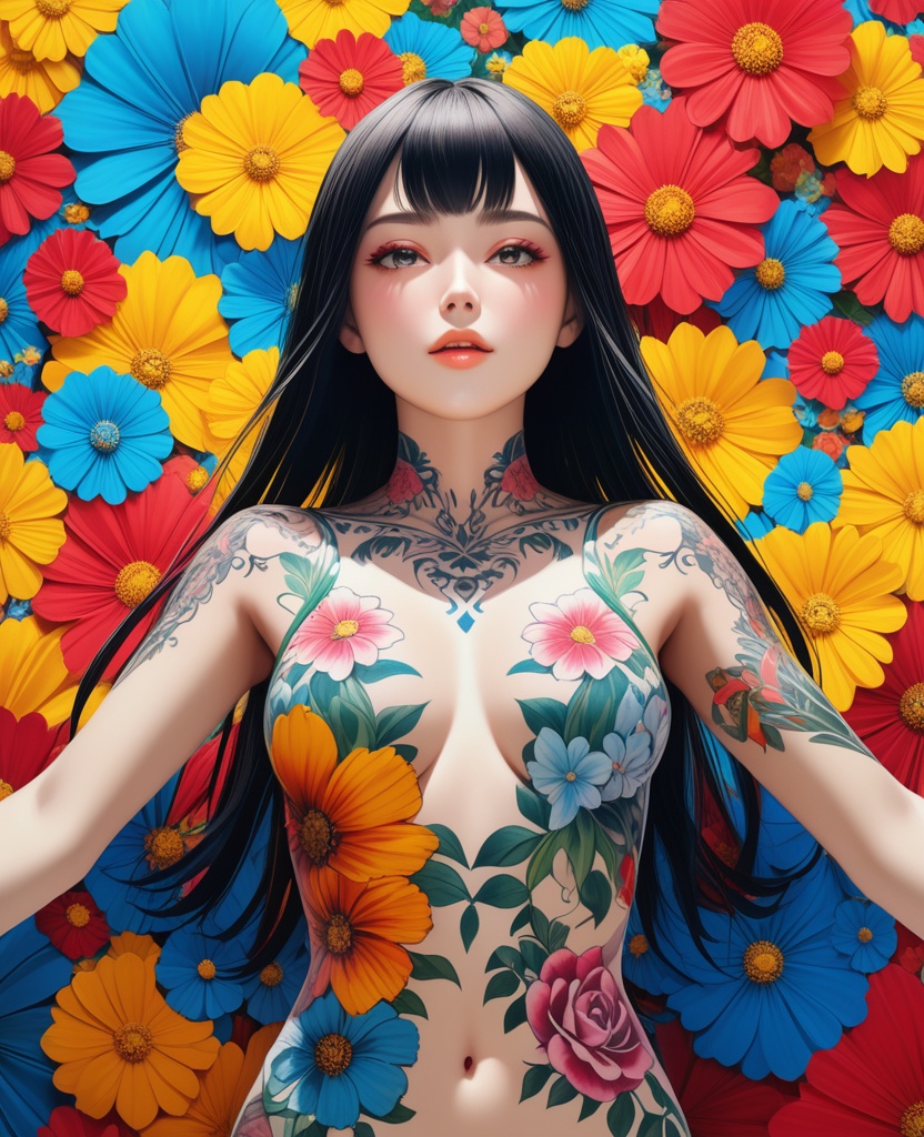 (,1girl, ,best quality, ),looking at viewer,  ,,ultra detailed background,ultra detailed background,ultra realistic 8k cg,, ,masterpiece, (( , )),ultra realistic 8k cgSurrounded by strange, movie perspective, advertising style, Colorful background, splash of color A beautiful woman with delicate facial features,tattoo all over body, flower arms, from below,
