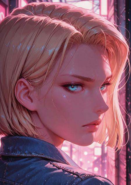 masterpiece, best quality, amazing quality, very aesthetic, masterpiece, best quality, amazing quality, very aesthetic, detailed eyes, perfect eyes, realistic eyes, BREAK, android 18, from behind, look at view, nightime, alleyway, neons lights, denim jacket, serious face, neon pink theme, face focus, close up<lora:RSTHTC_Style__Illustrious:.8>  <lora:cfg_scale_boost:.5>