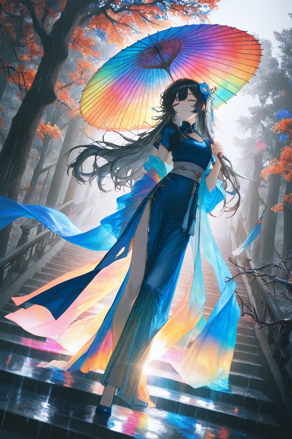 1girl,solo,long hair,black hair,hair ornament,dress,holding,full body,closed eyes,flower,hair flower,tree,sash,blue dress,umbrella,chinese clothes,rain,stairs,holding umbrella,branch,(artist:yuyumu:0.9),dynamic pose,dutch angle,ultra-detailed textures,ultra-detailed body,ultra-detailed face,(masterpiece,best quality,good quality:1.5),absurdres,amazing quality,very aesthetic,cinematic lighting,light particles,lens flare,(artist:quasarcake:0.8),extreme aesthetic,masterpiece,best quality,good quality,newest,year 2024,year 2023,very aesthetic,absurdres,Visual impact,32K UHD,sharp focus,best-quality,masterpiece,Emotionalization,unconventional supreme masterpiece,masterful details,temperate atmosphere,with a high-end texture,(Sharp line 2.0),in the style of fashion photography,(Visual impact:1.2),offcial art,colorful,splash of color,movie perspective,
