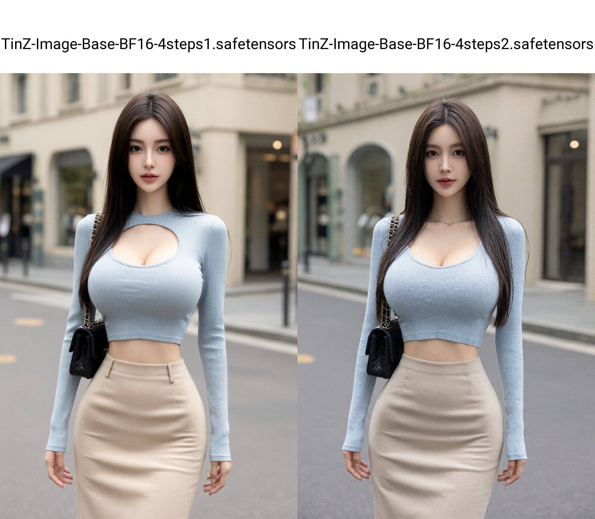 A photograph of a young Asian woman with fair skin and long, straight dark brown hair. She has a slender, hourglass figure with prominent breasts. She wears a light blue, long-sleeved, ribbed crop top and a high-waisted beige pencil skirt. Her makeup is subtle, with a focus on her eyes and lips. She carries a black quilted Chanel handbag on her left shoulder. The background shows a blurred urban street with storefronts and a beige building. The overall style is modern and chic.