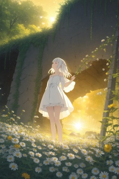 (masterpiece),(best quality),illustration,ultra detailed,hdr,Depth of field,(colorful),loli,yellow theme,the setting sun,Chamomile,Chamomile,cornflower,vines,forest,ruins,lens flare,hdr,Tyndall effect,damp,wet,1girl,bare shoulders,broken glass,broken wall,white hair,white dress,closed mouth,constel lation,flat color,braid,blinking,white robe,float,closed mouth,constel lation,flat color,looking up,standing,medium hair,standing,solo,