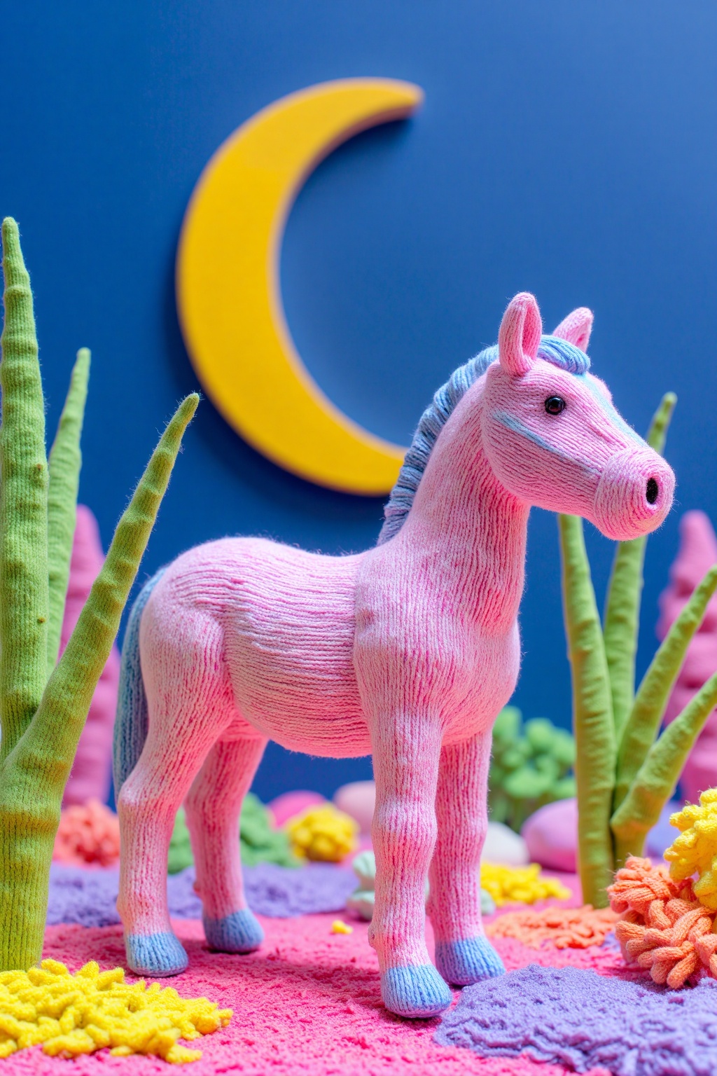 beijihui,Captured from a close-up,eye-level perspective,a pink knitted toy horse stands on a bed of pink,purple,and yellow yarn. The toy horse is adorned with a blue stripe down its back,and a black nose. The horse's head is turned to the right,and its mouth is slightly open. The background is a deep blue,with a yellow crescent moon in the upper right corner of the frame. To the left of the horse,there is a green plant,adding a pop of color to the scene.,