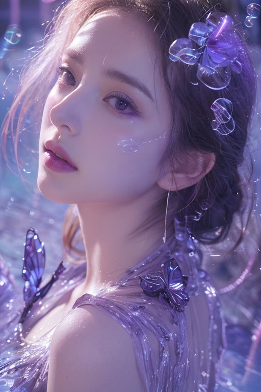 1girl,take a bath on the lake, the water is bright and sparkling, like colorful glass,(Many purple bubbles:1.8),(Half-length photo:1.8),(blue butterfly),exposed back,The posture of getting up from the lake