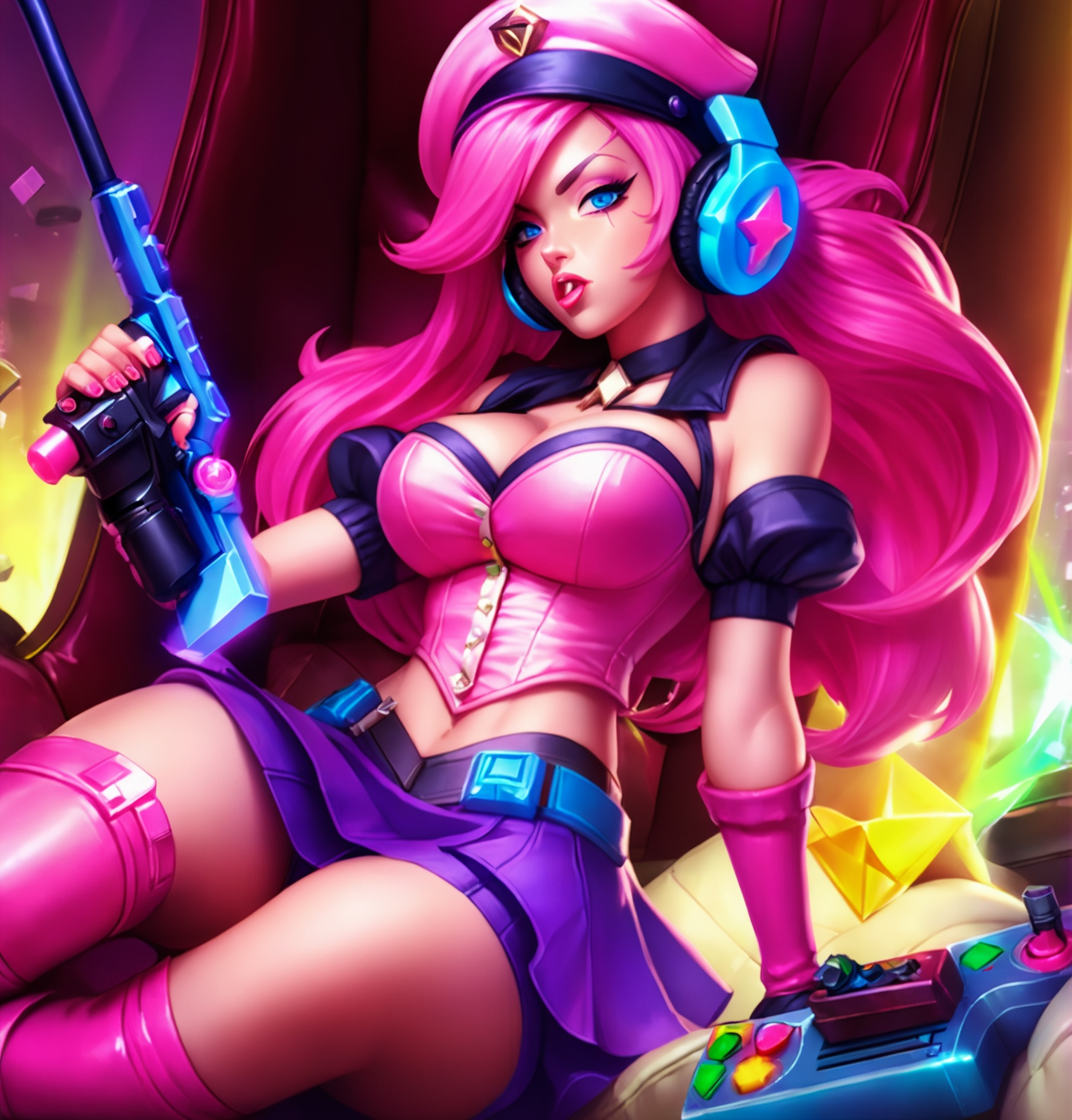 LOL, \\\(lol style\\\), game cg, LOL, LOLGirls, MissFortune,1girl, breasts, solo, cleavage, bubble blowing, pink hair, weapon, long hair, crossed legs, chewing gum, hat, large breasts, gun, headphones, official alternate costume, nail polish, dual wielding, knee boots, sitting, detached sleeves, skirt, holding weapon, midriff, boots, blue eyes, holding, pink nails a woman in a pink outfit sitting on a couch with a remote control in her hand and a video game controller in her other hand,  <lora:XL_LOLGIRL1.1:0.6>