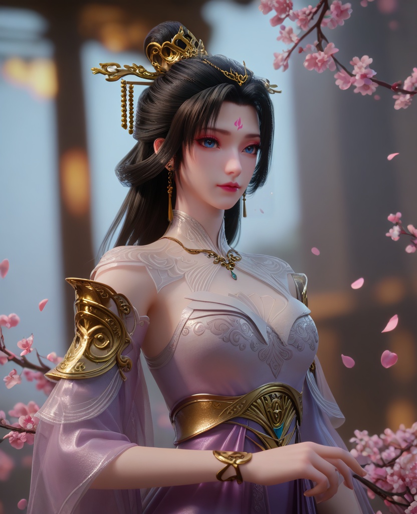 (oriental architecture, elegant decor, sophisticated style:1.1),(ballet leap:1.1),(breasts:1.2),<lora:XL16克金玩家梅妃:0.95>,miss meifei,purple high slit corset dress,blue eyes,facial mark,black hair,draped looped buns with long cascading hair,hair ornament,jewelry,see-through capelet,bracelet,petals,, score_9,score_8_up,score_7_up,score_6_up,score_5_up,score_4_up,3d rendering,tag1,tag2, Cinematic Lighting,backlighting,, zPDXL3, zPDXL2,zPDXL, zPDXLxxx, zPDXLrl,