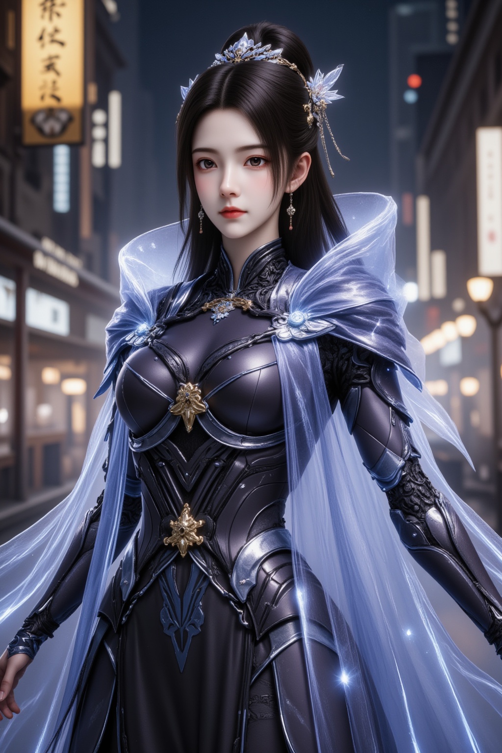 1girl, solo, brown eyes, black hair, looking at viewer, hanfu, chinese clothes, science fiction, long hair, cyberpunk, robot joints, glowing cloak,