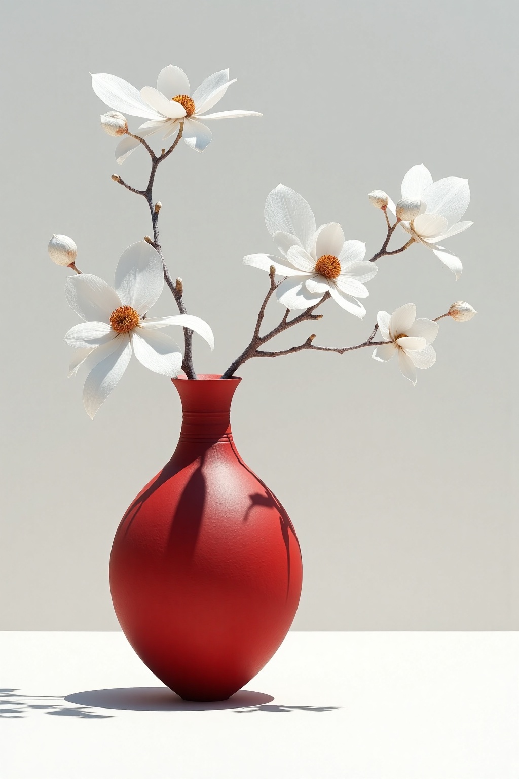 beijihui,a vibrant red vase stands on a stark white surface. The vase, adorned with a unique design, is adorned with three white flowers, adding a touch of nature to the scene. The flowers, each with their own unique shape and size, are arranged in a way that creates a sense of depth and dimension. The background, a plain white wall, casts a shadow on the surface beneath the vase.