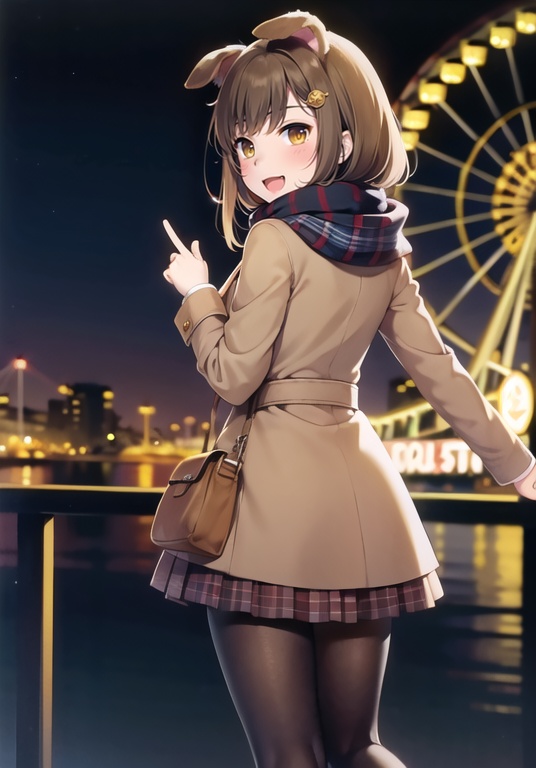 (best quality), ((masterpiece)), (highres), illustration, original, extremely detailed wallpaper.  <lora:cutegirl-000008:0.7>1girl, solo, blurry, animal ears, open mouth, brown hair, scarf, night, tail, depth of field, bag, coat, white pantyhose, smile, pantyhose, looking at viewer, looking back, outdoors, hair ornament, railing, skirt, long hair, brown coat, blush, hairclip, dog ears, :d, dog tail, yellow eyes, red skirt, long sleeves, bangs, pleated skirt, sky, blurry background, brown footwear, night sky, leg up, blue scarf, ferris wheel, standing, shoes, standing on one leg, from behind, pointing, plaid, dog girl