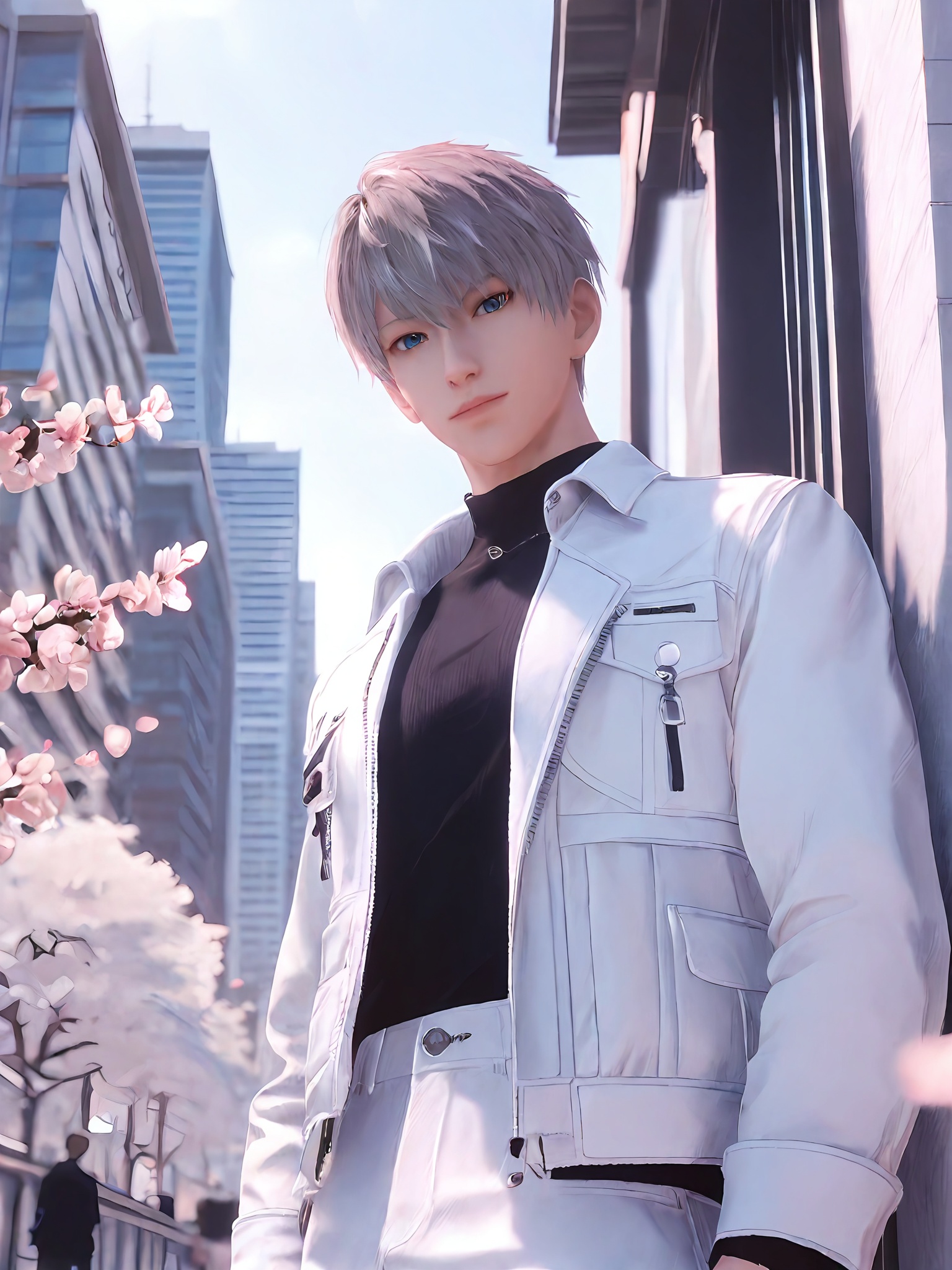 score_9,score_8_up,score_7_up,highres,best quality,amazing quality,best aesthetic,absurdres,<lora:3.9沈星回:0.7>,<lora:add-detail-xl:1.2>,1boy,male focus,blue eyes,cherry blossoms,looking at viewer,jacket,outdoors,grey hair,short hair,white jacket,black shirt,standing,(from_below:1.2),dynamic_angle,foreshortening,cowboy_shot,cityscape,tall building,, score_9,score_8_up,score_7_up,source_anime,