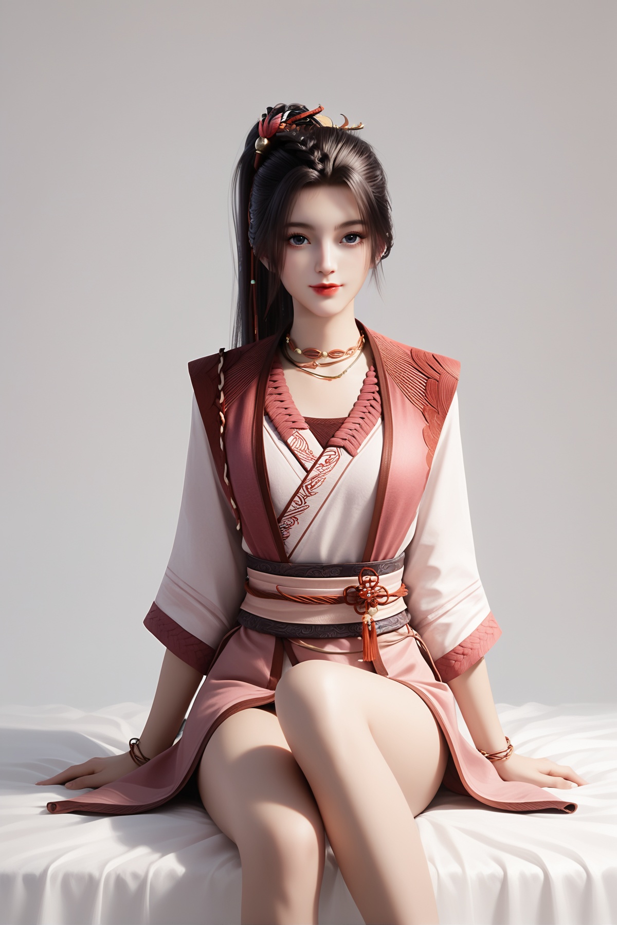 score_9,score_8_up,score_7_up,<lora:wy_xiaohuan_XL7.0:0.8>,1girl,solo,jewelry,necklace,ponytail,black hair,looking at viewer,realistic,hair ornament,long hair,smile,simple background,white_background,wetting,dark,chinese_clothes,thighs,legs,sitting,bed,