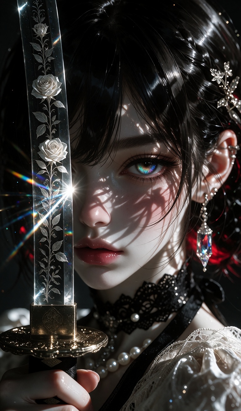 Extreme close-up anime portrait of a black-haired girl half hidden behind a transparent glass katana blade engraved with w...