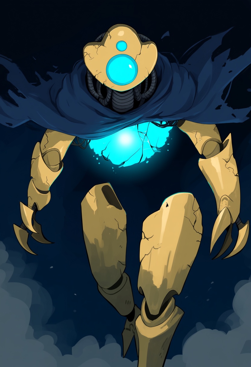 @inuwaooon. DefectSP,  an anthropomorphic floating robot built from weathered golden-tan segmented armor plating with visi...