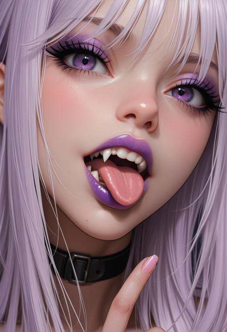 1girl, detailed eyes, (slender, lean, fit, athletic:2), ((sexy)), defined midriff, skindentations, large breasts, fake breasts, (perfect body:2), photo-realistic, realistic skin, realistic textures, detailed skin, photorealistic, ultrarealistic, 8k, A close-up, digital illustration shoot from a portrait camera angle, about a close up portrait of a  woman with striking purple eyes and long, straight, light purple hair, displaying a playful and seductive expression with her tongue sticking out. the subject, a 1girl, is positioned in the middle of the image, with her upper body facing the viewer and her eyes looking directly at the viewer. she has a slim body and is wearing a black choker around her neck. her hair is long and straight, with a few strands falling down her back, and her purple eyes are adorned with purple eyeshadow and eyelashes. her lips are painted with dark purple lipstick, giving her a glossy finish. her tongue is sticking out slightly, with sharp, pointed fangs visible. the background is a simple gradient of light purple to dark purple, and the lighting is soft and even, highlighting her features and creating a dramatic effect. the image has a high-quality, detailed style with a focus on the character's expressive face and the glossy texture of her hair. 1girl, tongue, solo, tongue out, fangs, purple eyes, makeup, looking at viewer, long hair, open mouth, fingernails, portrait, teeth, close-up, choker, purple lips, rating:general, black choker, eyelashes, eyeshadow, white hair, lipstick, rating:sensitive, collar, purple tongue, rating_sensitive, score_9, score_8_up, score_7_up