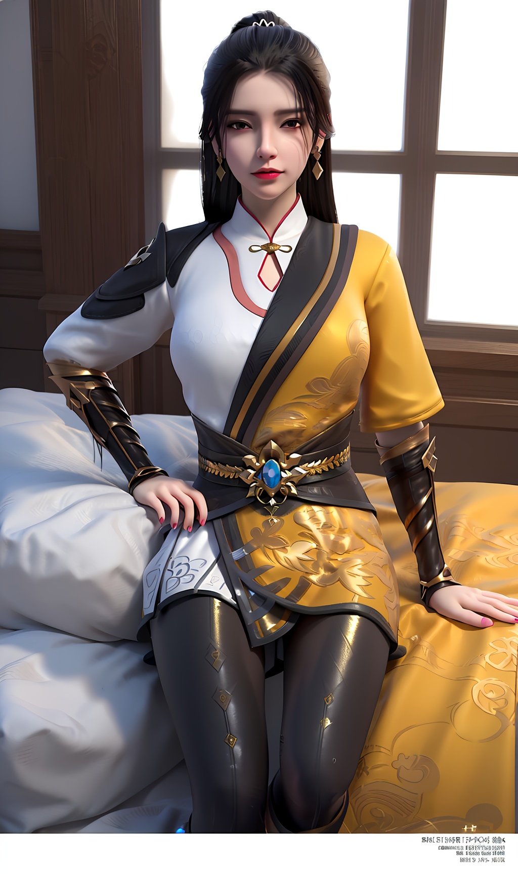 3D,masterpiece,(best quality),(makeup),official art, extremely detailed cg 8k wallpaper,((crystalstexture skin)), (extremely delicate and beautiful),(highly detailed),(face),(ponytail),(1girl), (solo), (jewelry), (earrings),(black_hair),(long_hair),(hair_ornament),(handwear),(breasts),(sitting),((upper_body)),(long_legs),(dress),(closed_mouth),(short_skirt),(chinese_clothes),(multicolored_clothes),(multicolored_dress),(shiny_clothes),(city,indoor,bed),(wristband),,(tight_pants:1),(sash:),(leggings:1),(pantyhose:1),(robe:1),,((looking_at_viewer)),((Facing the camera)),, <lora:hipoly3DModelLora_v10:0.3>