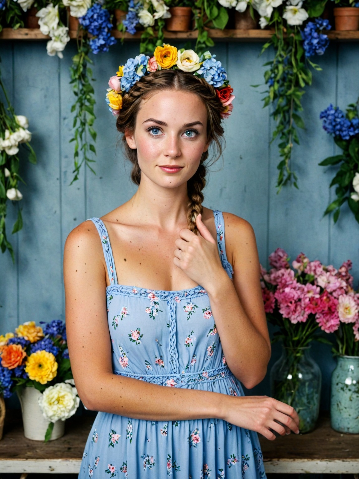 hyperrealistic art analog film photo ,  (French florist with braided crown and bright blue eyes),  (Flower shop backdrop o...