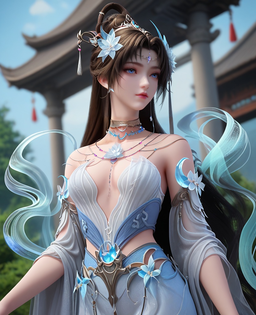 (oriental architecture, elegant decor, sophisticated style:1.1),Leaning against a tree, looking thoughtful,,(breasts:1.2),<lora:XL16完美世界邀月公主:0.95>,princess yaoyue,white corset mermaid gown with front thigh-high slit,blue eyes,black hair,draped looped buns with long cascading hair,very long hair,crescent crystal ornament,hair ornament,jewelry,hagoromo,wide flowing sleeves,, zPDXL2, score_9, score_8_up, score_7_up BREAK realistic, masterpiece,best quality, highly detailed,, zPDXL3, zPDXL2,zPDXL, zPDXLxxx, zPDXLrl,