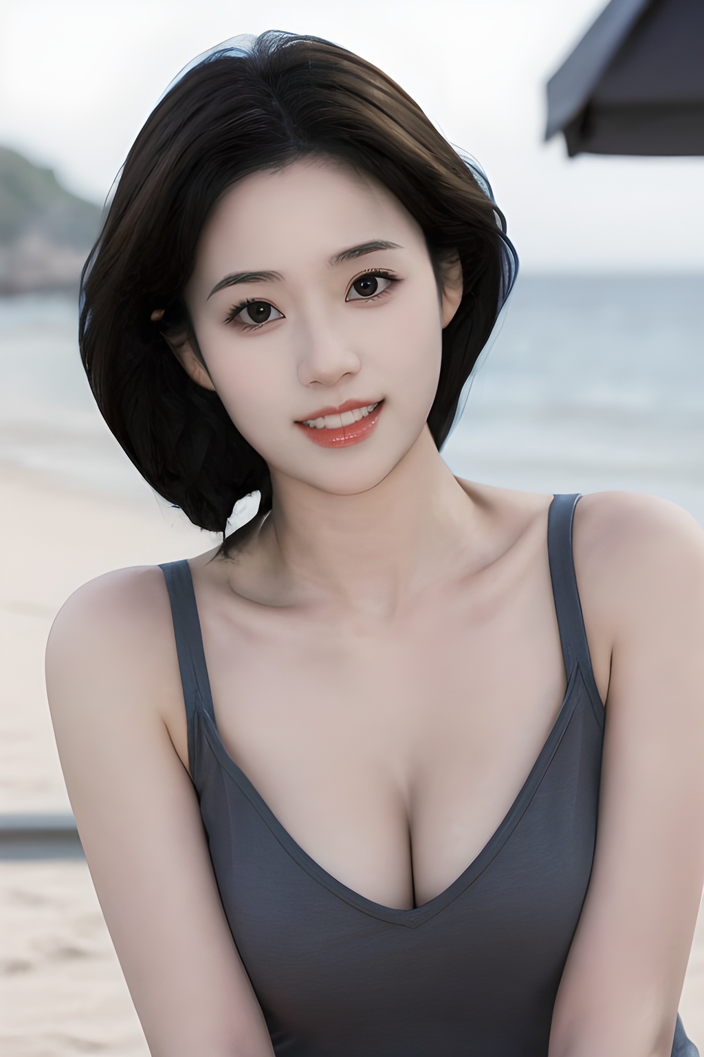 <lora:0827_04:0.7>simple background, 1girl,flower,brown hair,realistic,looking at viewer,hair flower,outdoors,sleeveless,hair ornament,shirt,breasts,smile,day,beach,solo,sleeveless shirt,masterpiece,best quality,picture-perfect face,ultra realistic 8k cg,(cleavage:1.2),, 1girl,realistic,masterpiece, best quality, photorealistic, HDR,detail