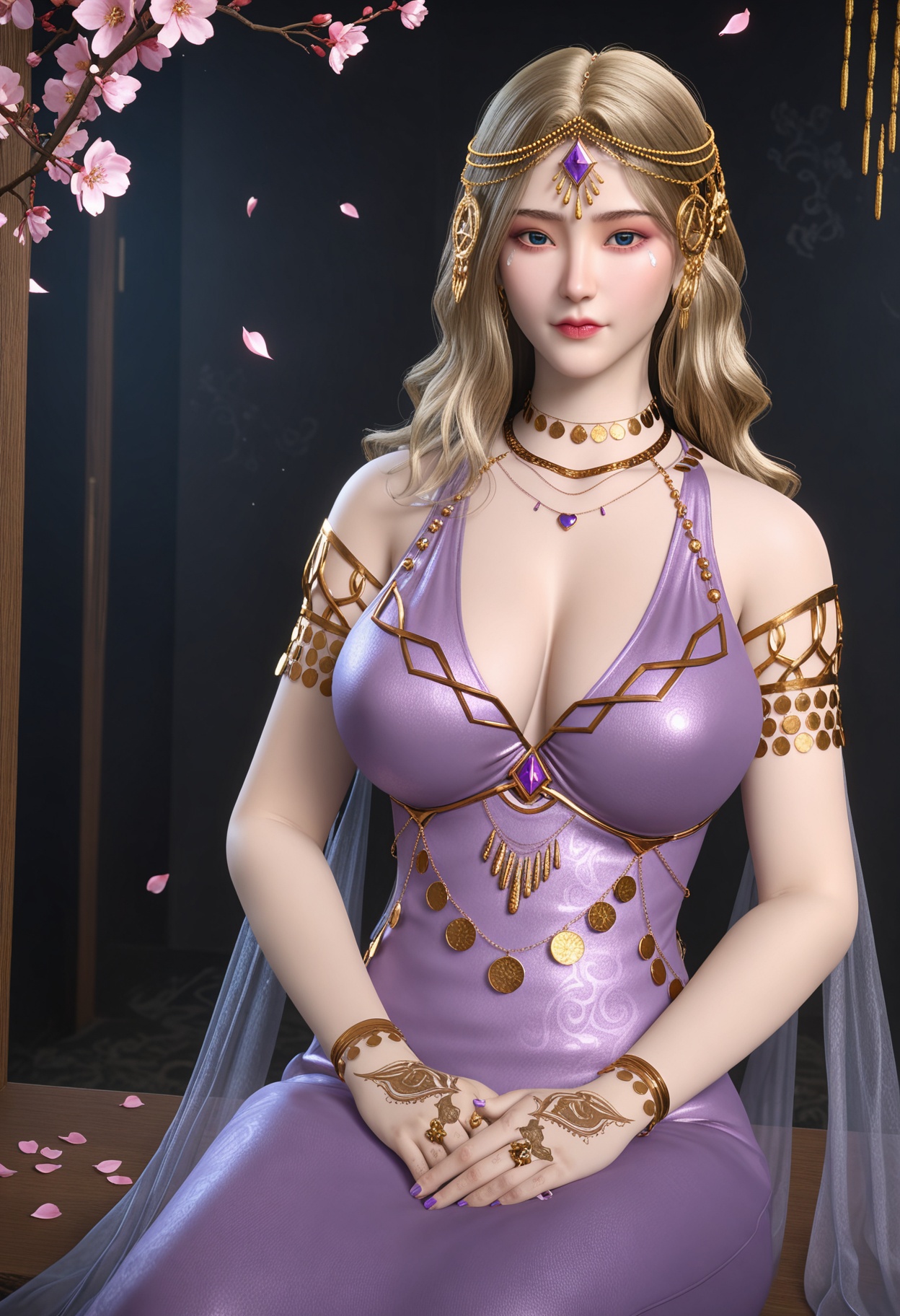 (gigantic breasts:0.8),(Perky boobs:1.3),(full_body:1.2),(looking at viewer:1.1),facing viewer,direct gaze,(masterpiece:1.1),(best quality:1.2),(intricate details),(smog:1.3),(Dark room:1.3),(dim lighting:1.3),peach blossom,falling petals,<lora:YQ_Illustrious光辉v5_卡丹_V1:0.8>,1girl,q1528437228,solo,jewelry,blonde hair,long hair,necklace,armlet,gem,hair ornament,circlet,earrings,bracelet,brown hair,ring,head chain,high heels,masterpiece,(best quality),(intricate details:0.9) BREAK (intricate details:0.9),(realistic skin:1.2),masterpiece,best quality,newest,absurdres,hiahres,