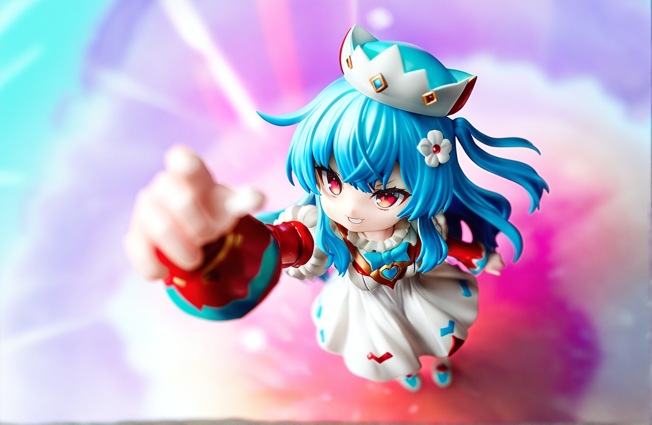 best quality,masterpiece,absurdres,newest,(pvc:1.3),,cute,from above,looking up,1girl,solo,long hair,hair ornament,hair flower,full body,smug,smile,punching,ultraman \(cosplay\),,red eyes,close-up,This is a vibrant digital anime illustration featuring a blue-haired girl with large, expressive purple eyes. She wears a white dress with puffy sleeves and a matching hat adorned with a blue ribbon. The girl's face is partially obscured by her outstretched hand, which is positioned in the foreground, giving a sense of depth. The background is a kaleidoscope of pink, purple, and blue hues, creating a dynamic and energetic atmosphere. The lighting is artificial, with bright highlights and soft shadows enhancing the vivid colors. The composition uses a shallow depth of field, keeping the background slightly blurred to focus attention on the girl. The camera angle is slightly low and angled upwards, adding to the dramatic effect., ,