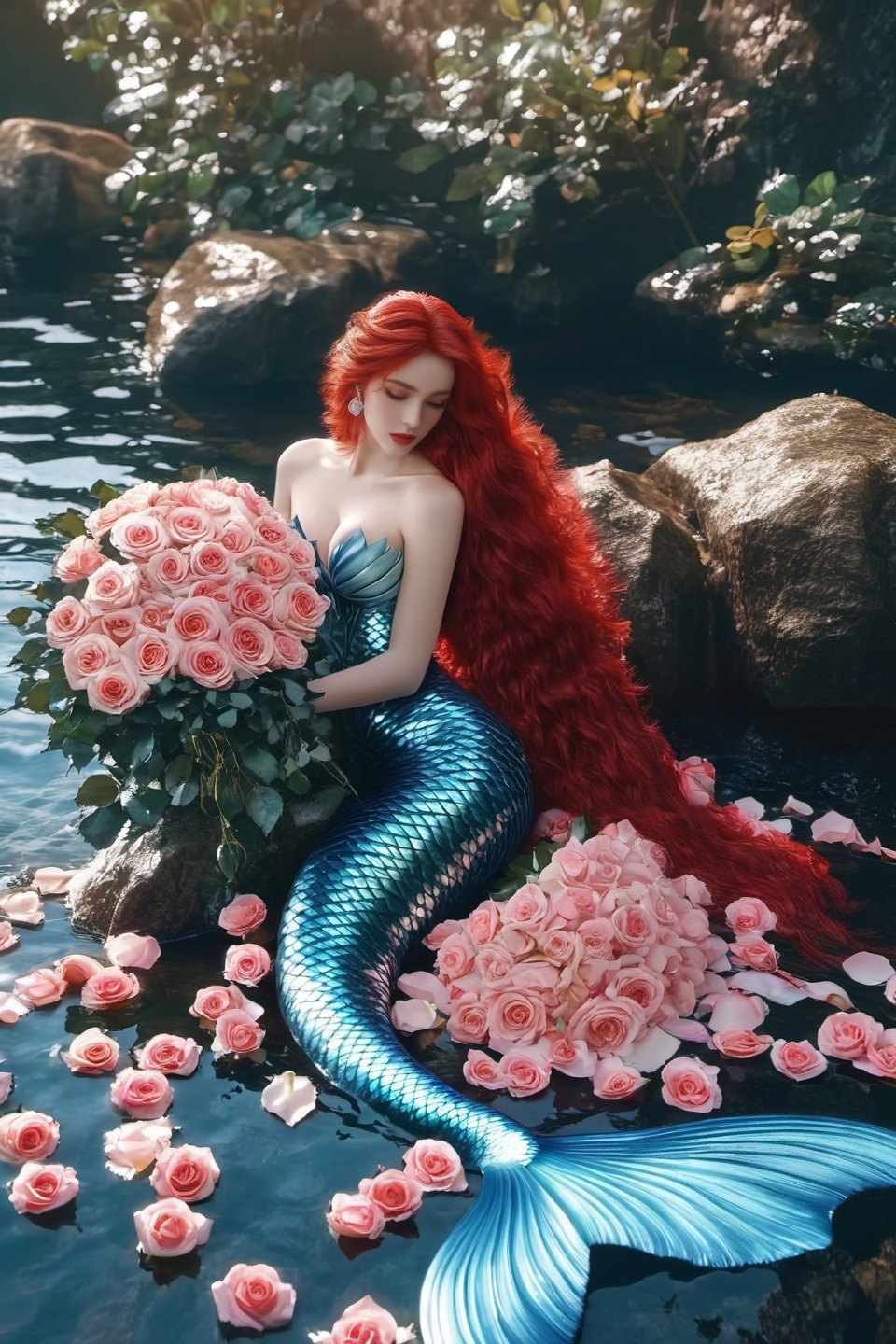 kinghere mryhh,1girl,solo,blue mermaid,long hair,breasts,dress,holding,cleavage,bare shoulders,jewelry,medium breasts,sitting,very long hair,flower,red hair,earrings,water,strapless,blue dress,rose,leaf,strapless dress,pink flower,rock,bouquet,scales,mermaid,pink rose,holding bouquet,shell,,<lora:kinghere mryhh xl:0.8>, cinematicstunning contrasts and shadow,introspection,8k,Photography,super detailed,hyper realistic,masterpiece,Depth of field,bright color,Super lightsensation,caustic,