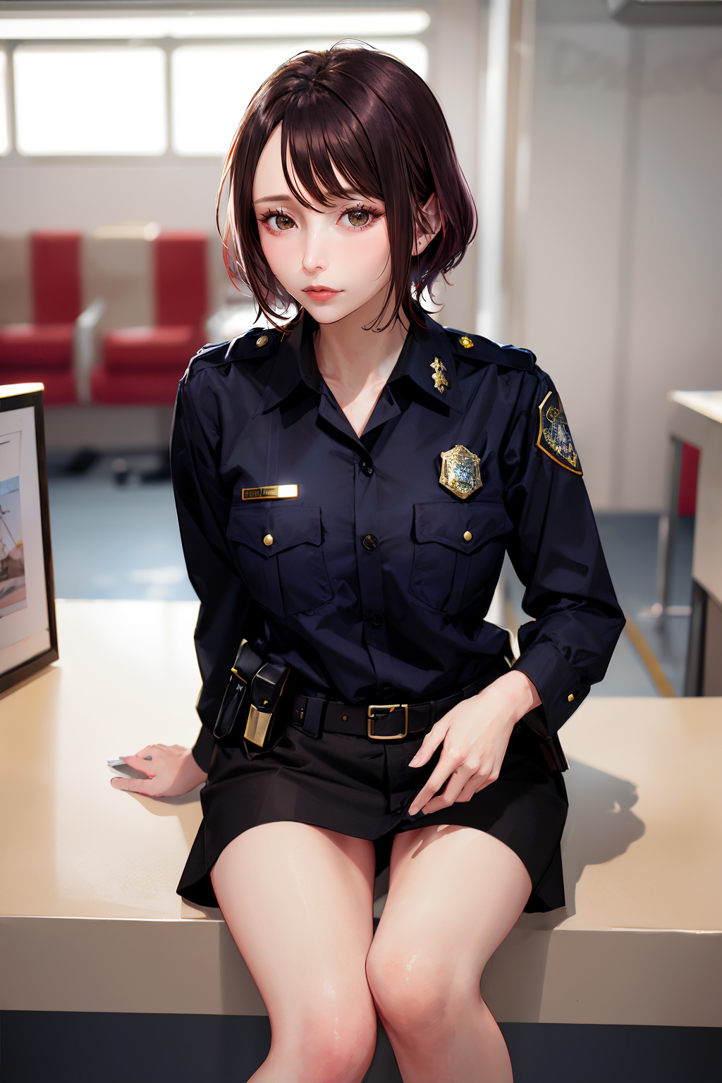((masterpiece, highest quality, Highest image quality, High resolution, photorealistic)),(Good structure),DSLR Quality,ito,1girl,solo,realistic,(black hair),floating hair,short_hair,disheveled hair,police_uniform,indoor,police station,looking at viewers,Depth of field,<lora:MI03:1>,