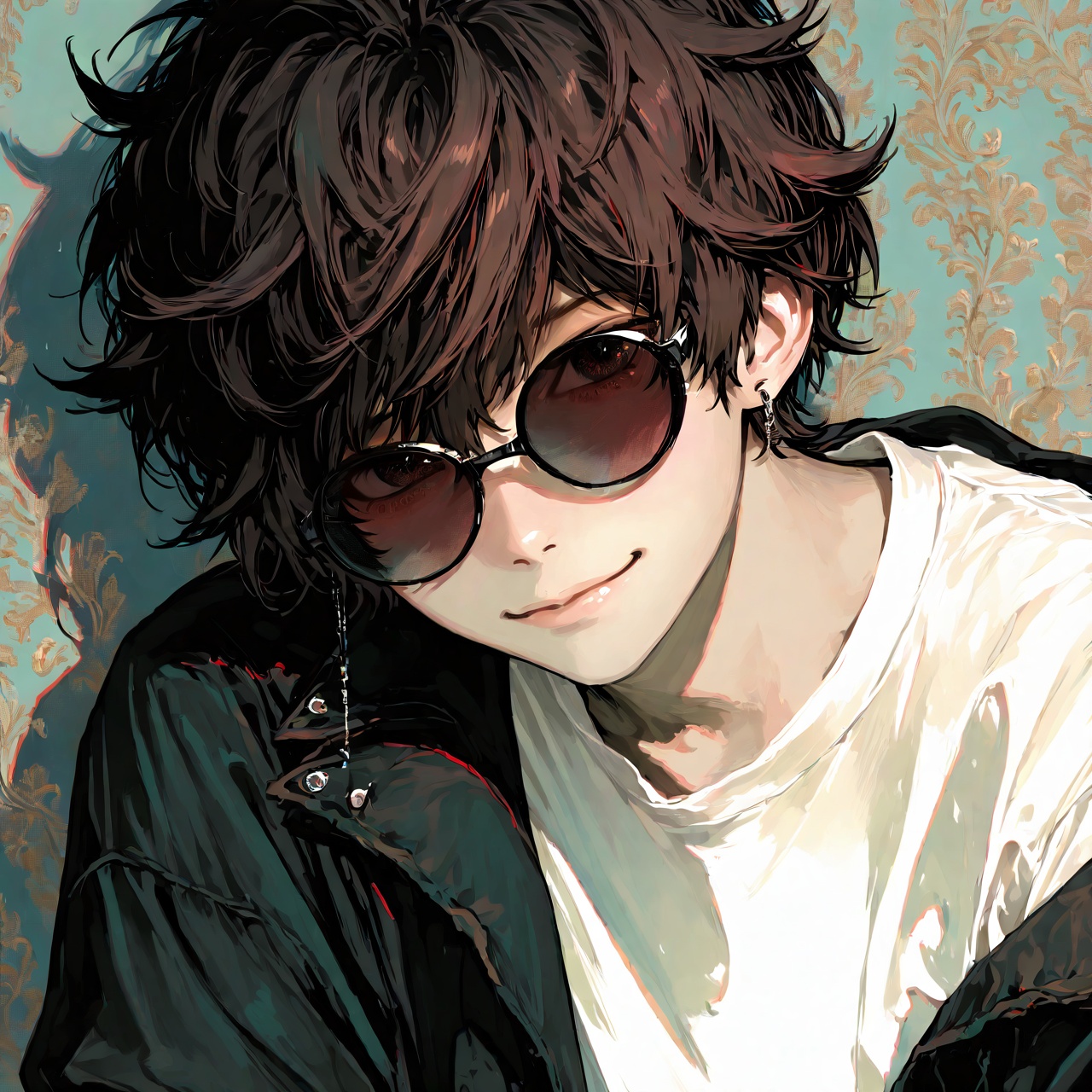 <lora:Tourun ThickPaint Style:0.8>,absurdres,realistic,rim light,wallpaper,best quality,1boy,male focus,glasses,solo,shirt,white shirt,messy hair,smile,jacket,amamiya ren,black hair,upper body,earrings,jewelry,short hair,head tilt,bangs,closed mouth,brown hair,looking_at_viewer,