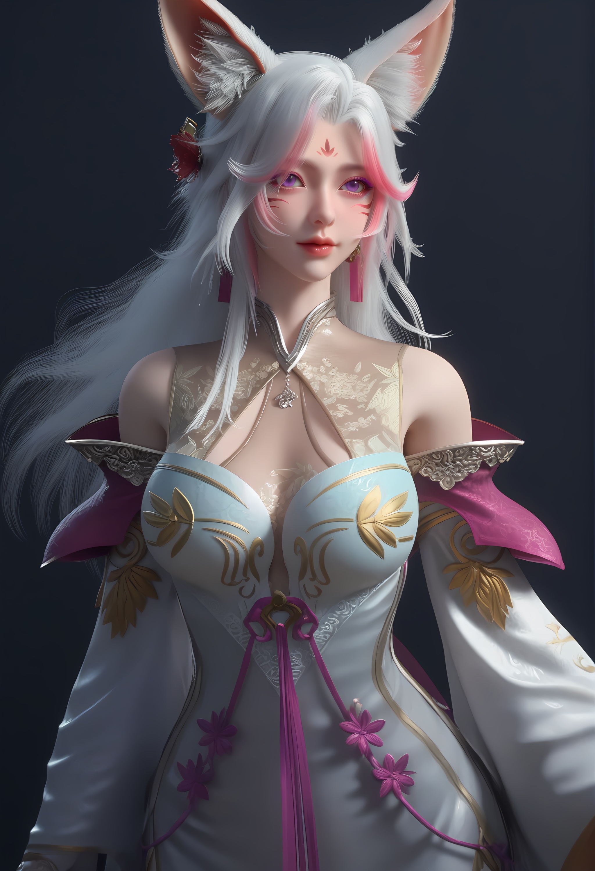 (score_9),cowboy shot,<lora:Sfox-apony-000009:0.82>,sfox,1girl,solo,purple eyes,fox ears,streaked hair,animal ear fluff,long hair,white hair,facial mark,forehead mark,hair flower,jewelry,see-through cleavage,dress,detached sleeves,<lora:Expressive_H-000001:0.8>,light blush,front view,looking at viewer,mature female,collarbone,pointy breasts,puffy breasts,((large teardrop breasts)),cleavage,see-through cleavage,<lora:e肤色滑块:0.35>,fair_skin,(pale_skin),(white_skin),light skin,ultra-detailed skin texture,detailed textures,BREAKsimple background,black background,
