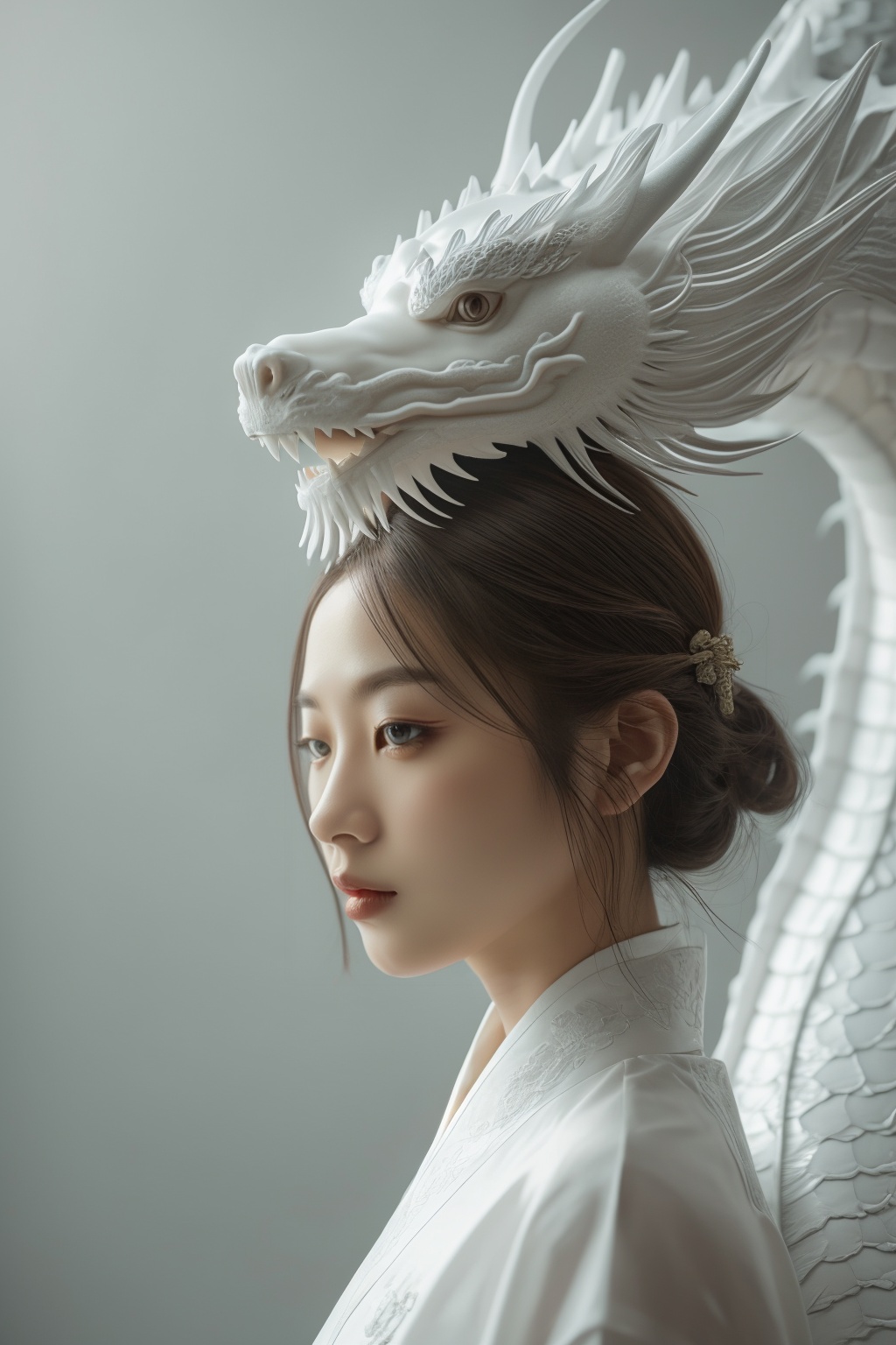 A girl, Oriental Dragon, gray background, blurry, close-up，sulong <lora:sulong1-000004:0.7>