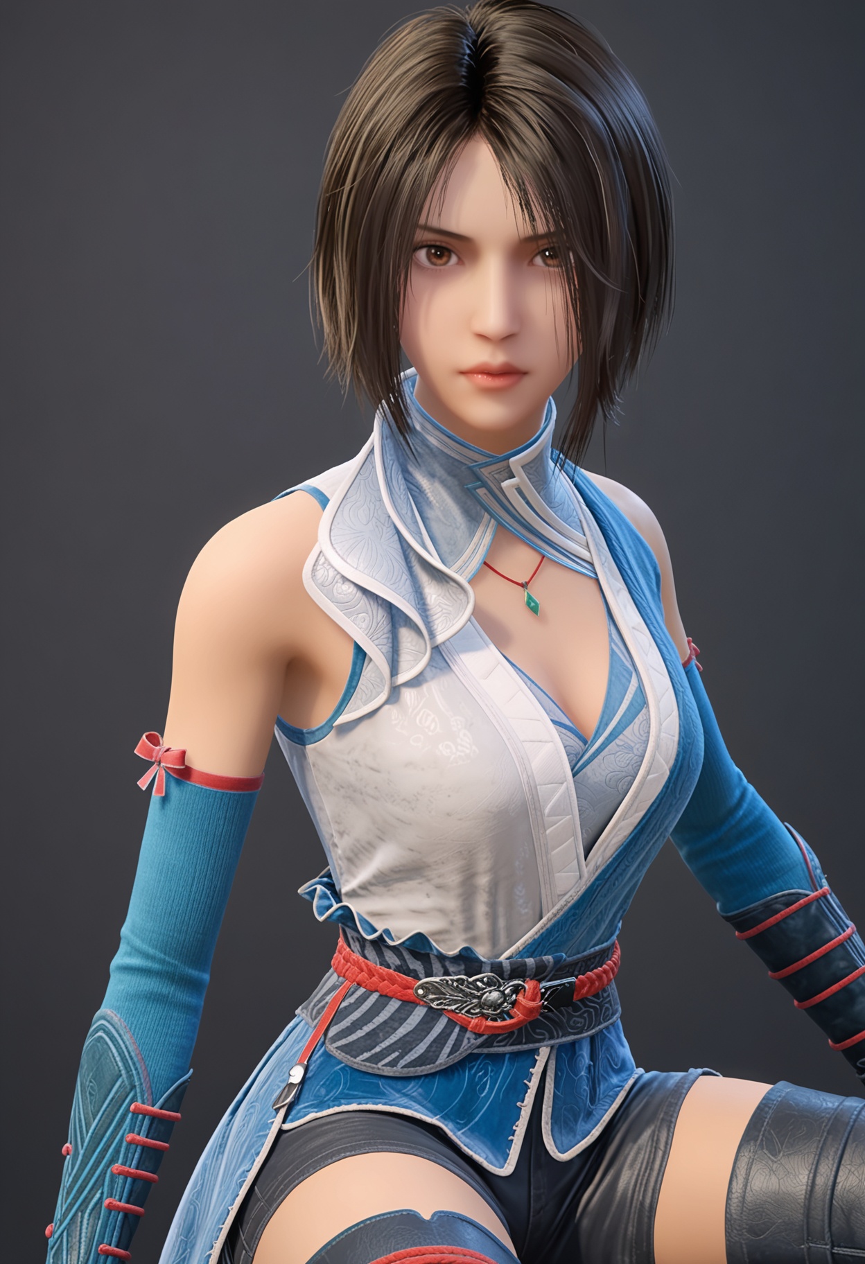 perfect_anatomy,score_9,(upper_body:1.1),looking_at_viewer,<lora:YQ_pony_jiruxueQ5_V7:0.8>,q1528437228,solo,1girl,short hair,brown hair,necklace,jewelry,gloves,black hair,brown eyes,lips,realistic,thighhighs,boots,elbow gloves,fingerless gloves,shorts,perfect_anatomy BREAK perfect_anatomy,simple background,black background,(shiny_skin),(Ivory_skin:1.1),(cinematic lighting),