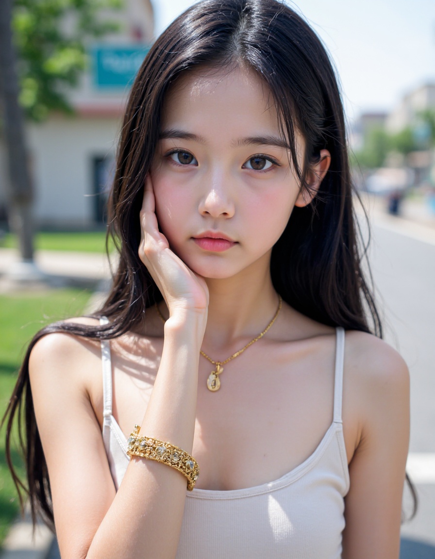 1girl, solo, young, jewelry, realistic, looking at viewer, long hair, black hair, upper body, closed mouth, outdoors,