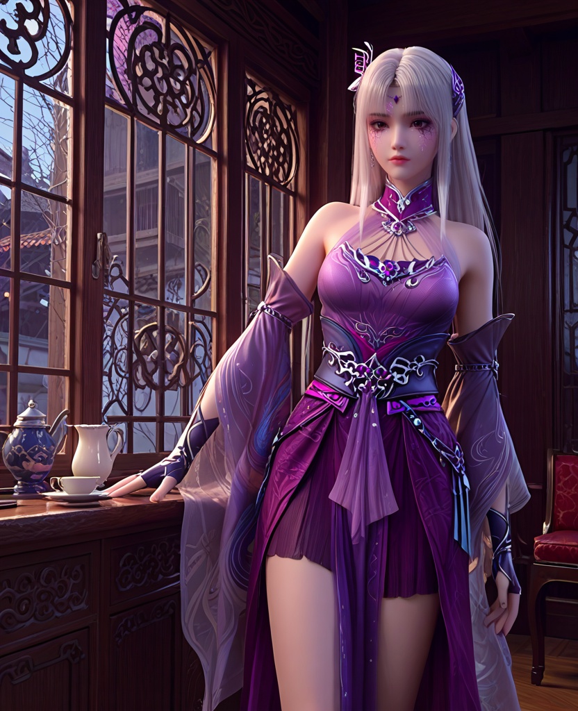 (oriental architecture, elegant decor, sophisticated style:1.1),(Standing near a window, with a cup of coffee, enjoying a peaceful and quiet morning,:1.1),(breasts:1.2),<lora:XL斗破苍穹小医仙P:0.85>,elder sister,purple dress,white hair,bangs,hair ornament,bare shoulders,brown eyes,purple veil,jewelry,fingerless gloves,blue footwear,sash,(facial tattoo:1.2),(cracked skin:1.2),purple eyes,, score_9,score_8_up,score_7_up,score_6_up,score_5_up,score_4_up,3d rendering,tag1,tag2, Cinematic Lighting,backlighting,
