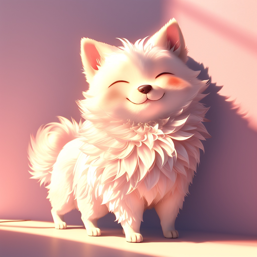 xugou,dog,fluffy,light particles,^ ^,whiskers,cute,warm colors,whimsy and dramatic lighting,white fur,soft lighting,dog focus,no humans,closed eyes,solo,smile,blush,full body,closed mouth,standing,happy,facing viewer,simple background,shadow,<lora:xugou_v1:0.8>,