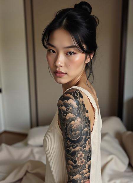 A serene depiction of a beautiful woman in a minimalist room,  showcasing her traditional Japanese full-sleeve tattoo of d...
